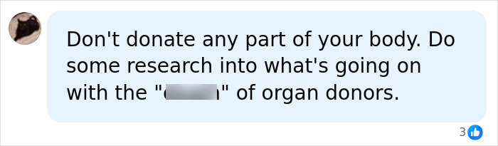 A social media comment advising against donating bodies due to the Harvard body donation controversy. A social media comment advising against donating bodies due to the Harvard body donation controversy.