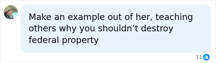 A comment about the woman vandalizing the WWII Memorial, advocating to make an example of her to deter property destruction.