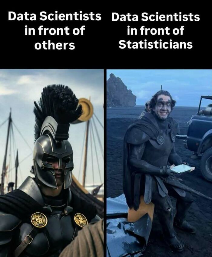 A statistics meme comparing data scientists in front of others (like a warrior) vs. in front of statisticians (disheveled).