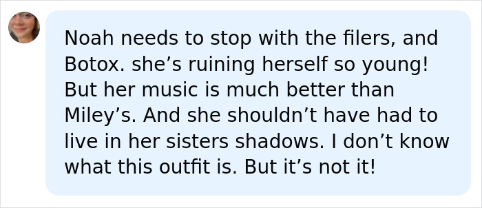 A social media comment from a user criticizing Noah Cyrus's appearance and desert photoshoot outfit. A social media comment from a user criticizing Noah Cyrus's appearance and desert photoshoot outfit.