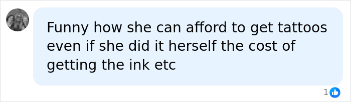 A comment bubble with text about the cost of getting tattoos, even if done herself, related to a mom's tattoos. A comment bubble with text about the cost of getting tattoos, even if done herself, related to a mom's tattoos.
