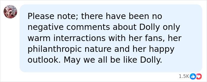 A social media comment highlighting Dolly Parton's philanthropic nature and positive interactions. A social media comment highlighting Dolly Parton's philanthropic nature and positive interactions.