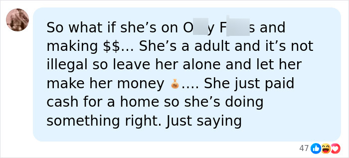 A social media comment defending Honey Boo Boo star Pumpkin's adult platform earnings and financial success.