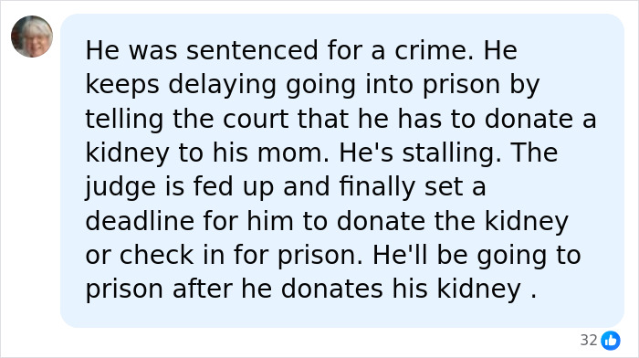 Screenshot of a social media comment explaining John Gotti’s grandson kidney donation to his mom or prison order. Screenshot of a social media comment explaining John Gotti’s grandson kidney donation to his mom or prison order.