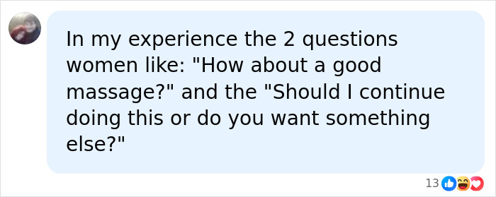 A social media comment suggests questions women like in bed, contrasting with mood killer questions. A social media comment suggests questions women like in bed, contrasting with mood killer questions.