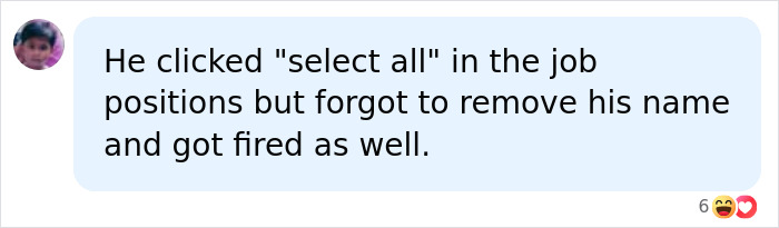 Screenshot of a comment humorously stating the CEO fired himself, after firing 900 employees via Zoom, highlighting karma.