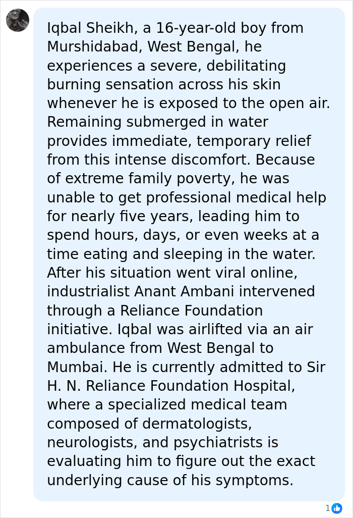 An article detailing the teen's mysterious condition, his need for medical help, and his time spent in a pond.