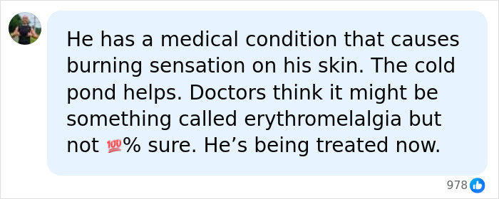 Screenshot of text describing the teen's mysterious condition and how the cold pond helps him.