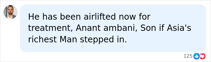 A social media comment discussing the teen's mysterious condition and treatment by Anant Ambani after living in a pond.