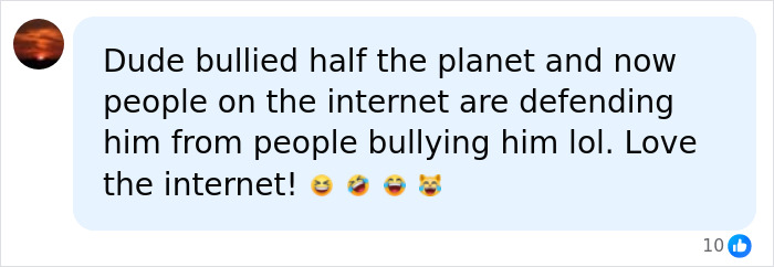 Screenshot of social media comment discussing internet reactions to someone who bullied others now being defended. Screenshot of social media comment discussing internet reactions to someone who bullied others now being defended.