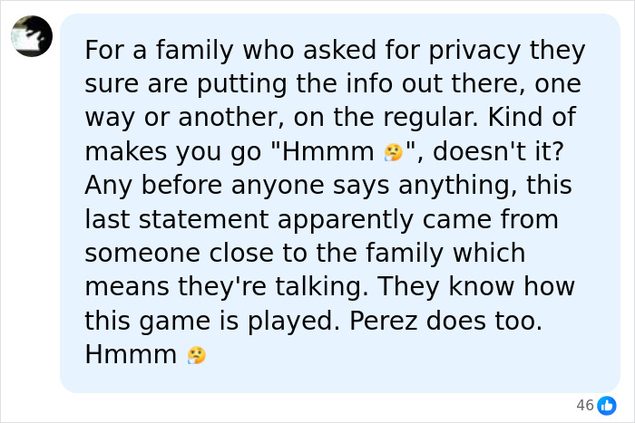 A social media comment about Perez Hilton's hospital bed, discussing a family's privacy requests and information being put out there. A social media comment about Perez Hilton's hospital bed, discussing a family's privacy requests and information being put out there.