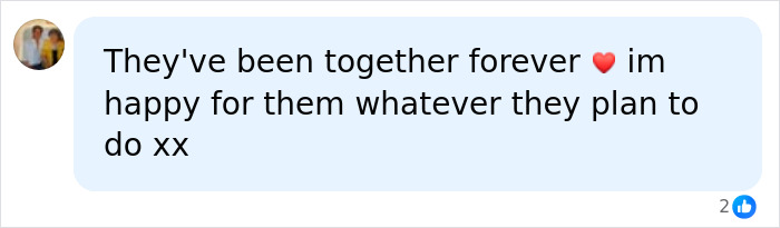 A social media comment showing support for Ricky Gervais and his partner, expressing happiness for their plans to marry. A social media comment showing support for Ricky Gervais and his partner, expressing happiness for their plans to marry.