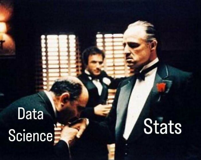 A meme of a man labeled Data Science kissing the hand of a man labeled Stats, referencing The Godfather. Funny stats class memes.