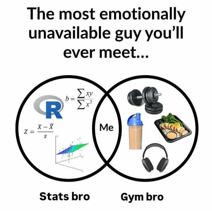 A statistics meme showing a Venn diagram comparing a stats bro and a gym bro, labeled "The most emotionally unavailable guy."