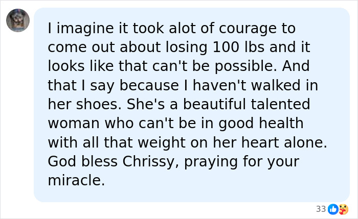 A social media comment discussing Chrissy Metz losing 100 pounds, expressing support and prayers for her.