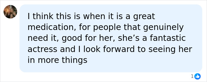 A comment praising Chrissy Metz's GLP-1 meds weight loss journey, calling her a fantastic actress.