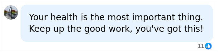 A social media comment emphasizing the importance of health, encouraging continued progress in weight loss.