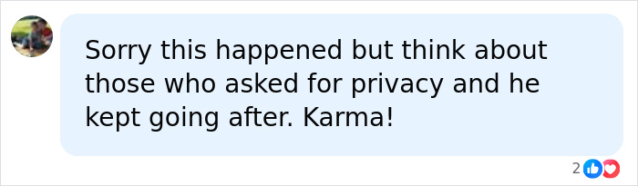 A social media comment discussing privacy violations and karma, relating to Perez Hilton's disturbing livestream account.