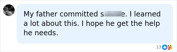 A social media comment about a father's s*****e and the need for help, connecting to Perez Hilton's disturbing livestream.