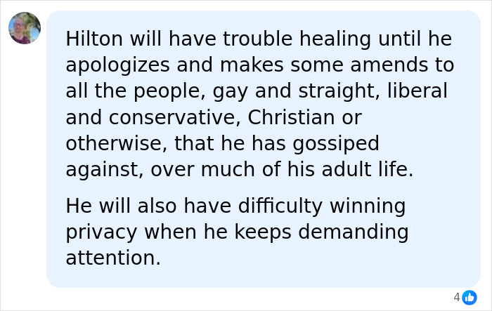 Screenshot of a comment discussing Perez Hilton's disturbing livestream and childhood secret.