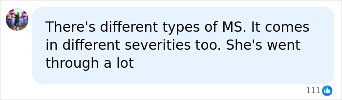 Social media comment about Christina Applegate's health battle: There's different types of MS. It comes in different severities too. She's went through a lot. Social media comment about Christina Applegate's health battle: There's different types of MS. It comes in different severities too. She's went through a lot.