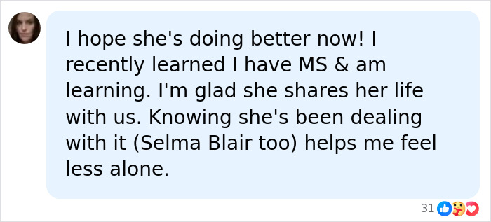 A social media comment about Christina Applegate's health battle and MS. A social media comment about Christina Applegate's health battle and MS.