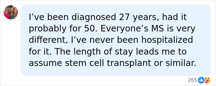 A comment discussing an MS diagnosis and hospitalization, possibly related to Christina Applegate's health battle. A comment discussing an MS diagnosis and hospitalization, possibly related to Christina Applegate's health battle.
