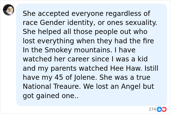 A social media comment praising Dolly Parton's life, mentioning her acceptance, charity, and iconic career after her passing.