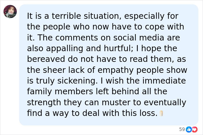 A social media comment expressing sorrow and empathy regarding Hayden Panettiere's tragic passing and the hurtful social media comments. A social media comment expressing sorrow and empathy regarding Hayden Panettiere's tragic passing and the hurtful social media comments.