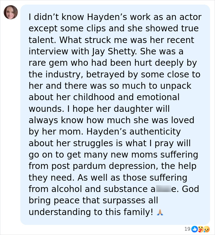 A social media comment about Hayden Panettiere's talent, struggles, and hoping for peace after her tragic passing. A social media comment about Hayden Panettiere's talent, struggles, and hoping for peace after her tragic passing.