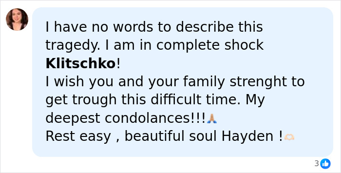 A social media comment expressing shock and condolences for Hayden Panettiere's tragic passing, mentioning Klitschko. A social media comment expressing shock and condolences for Hayden Panettiere's tragic passing, mentioning Klitschko.