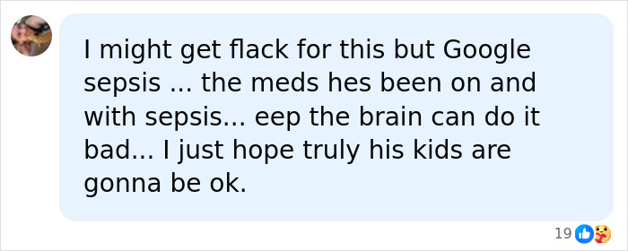 A social media comment speculating about Perez Hilton’s condition from his hospital bed, mentioning sepsis and concern for his kids. A social media comment speculating about Perez Hilton’s condition from his hospital bed, mentioning sepsis and concern for his kids.