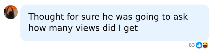 A social media comment from a user about Perez Hilton's first words after his hospital livestream, asking about views. A social media comment from a user about Perez Hilton's first words after his hospital livestream, asking about views.