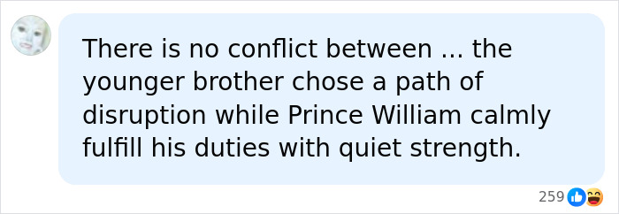 A social media comment about the conflict between Prince William and his younger brother, highlighting Prince William's duties. A social media comment about the conflict between Prince William and his younger brother, highlighting Prince William's duties.