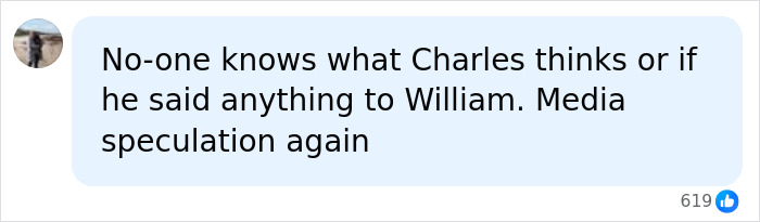 Screenshot of a comment on media speculation regarding King Charles and Prince William's relationship. Screenshot of a comment on media speculation regarding King Charles and Prince William's relationship.