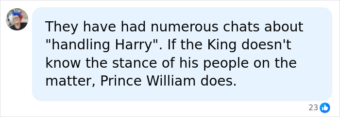 A social media comment discussing the tension between King Charles and Prince William about Prince Harry. A social media comment discussing the tension between King Charles and Prince William about Prince Harry.