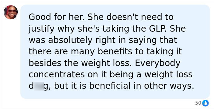 Comment on GLP-1 meds benefits beyond weight loss, supporting Chrissy Metz's use.