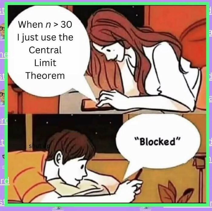 A statistics meme showing a person saying When n > 30 I just use the Central Limit Theorem and another person replying Blocked, a humorous take on statistical concepts.