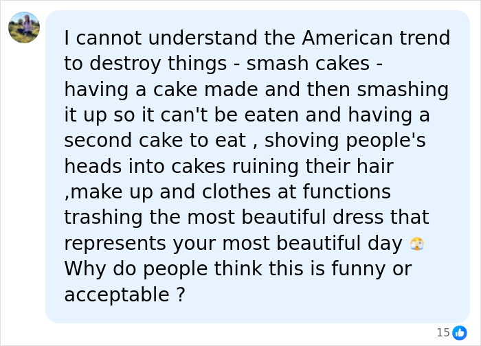 A social media comment criticizing the trend of destroying things for fun, specifically mentioning a bride's trash-the-dress shoot. A social media comment criticizing the trend of destroying things for fun, specifically mentioning a bride's trash-the-dress shoot.