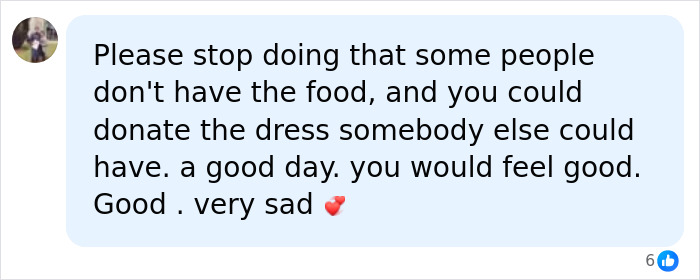 A social media comment suggesting to stop destroying dresses and instead donate them, mentioning the bride's trash-the-dress shoot. A social media comment suggesting to stop destroying dresses and instead donate them, mentioning the bride's trash-the-dress shoot.