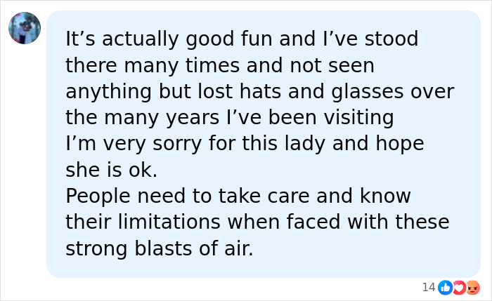 A comment about a woman injured by a jet engine, discussing the dangers of plane blasts.