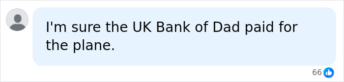 A social media comment about Meghan Markle and Prince Harry's return to UK, speculating on payment for their plane. A social media comment about Meghan Markle and Prince Harry's return to UK, speculating on payment for their plane.