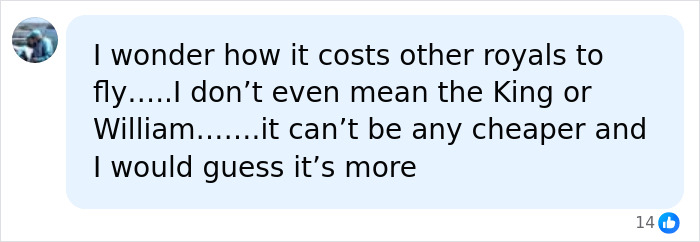 A social media comment questioning the cost of travel for other royals, related to Meghan Markle and Prince Harry's return to UK. A social media comment questioning the cost of travel for other royals, related to Meghan Markle and Prince Harry's return to UK.