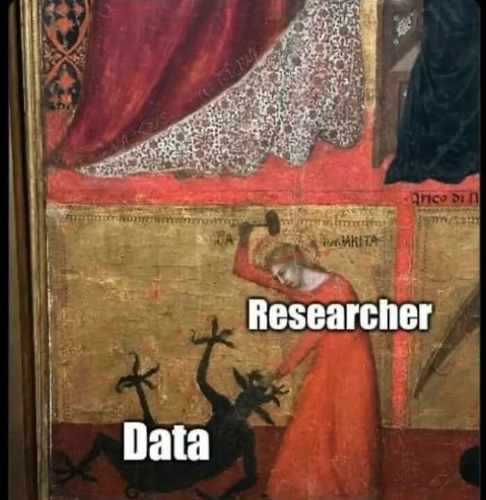 An ancient painting modified to depict a researcher striking a demon labeled data, a funny meme for those who understand stats.