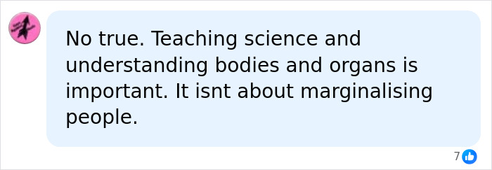 Screenshot of a social media comment stating that teaching biology and understanding bodies is important.