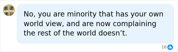 A chat bubble with text: No, you are minority that has your own world view, and are now complaining the rest of the world doesnt.