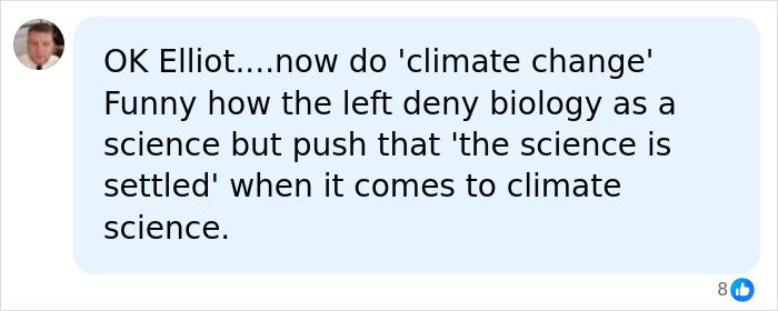 A social media comment discussing biology classes, climate change, and Elliot Page.