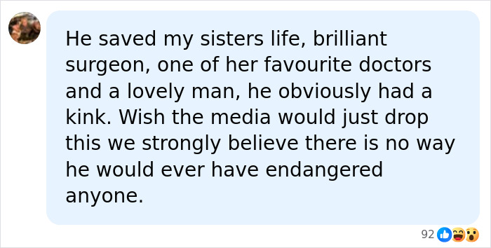 A comment on the surgeon's crimes, defending the surgeon despite his horrific crimes and amputation.