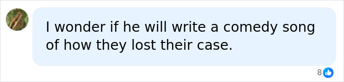 A social media comment from a user asking if someone will write a comedy song about losing the ornamental squirrel court battle, highlighting the huge court bill faced by the loser. A social media comment from a user asking if someone will write a comedy song about losing the ornamental squirrel court battle, highlighting the huge court bill faced by the loser.