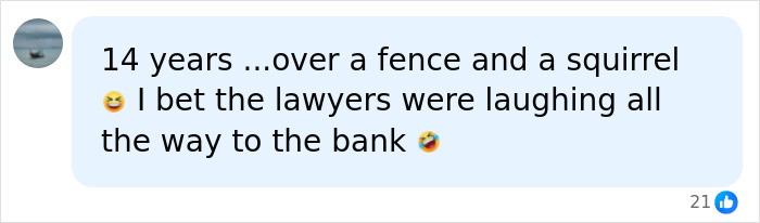 A social media comment on a neighbor battle over an ornamental squirrel, mentioning lawyers and court bill. A social media comment on a neighbor battle over an ornamental squirrel, mentioning lawyers and court bill.
